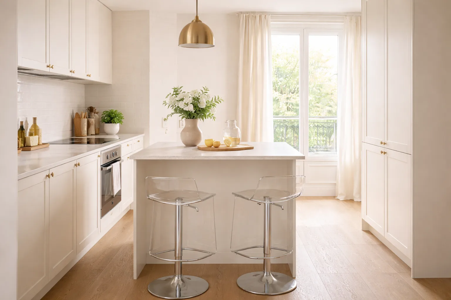 Cuisine petite espace couleurs claires monochrome beige