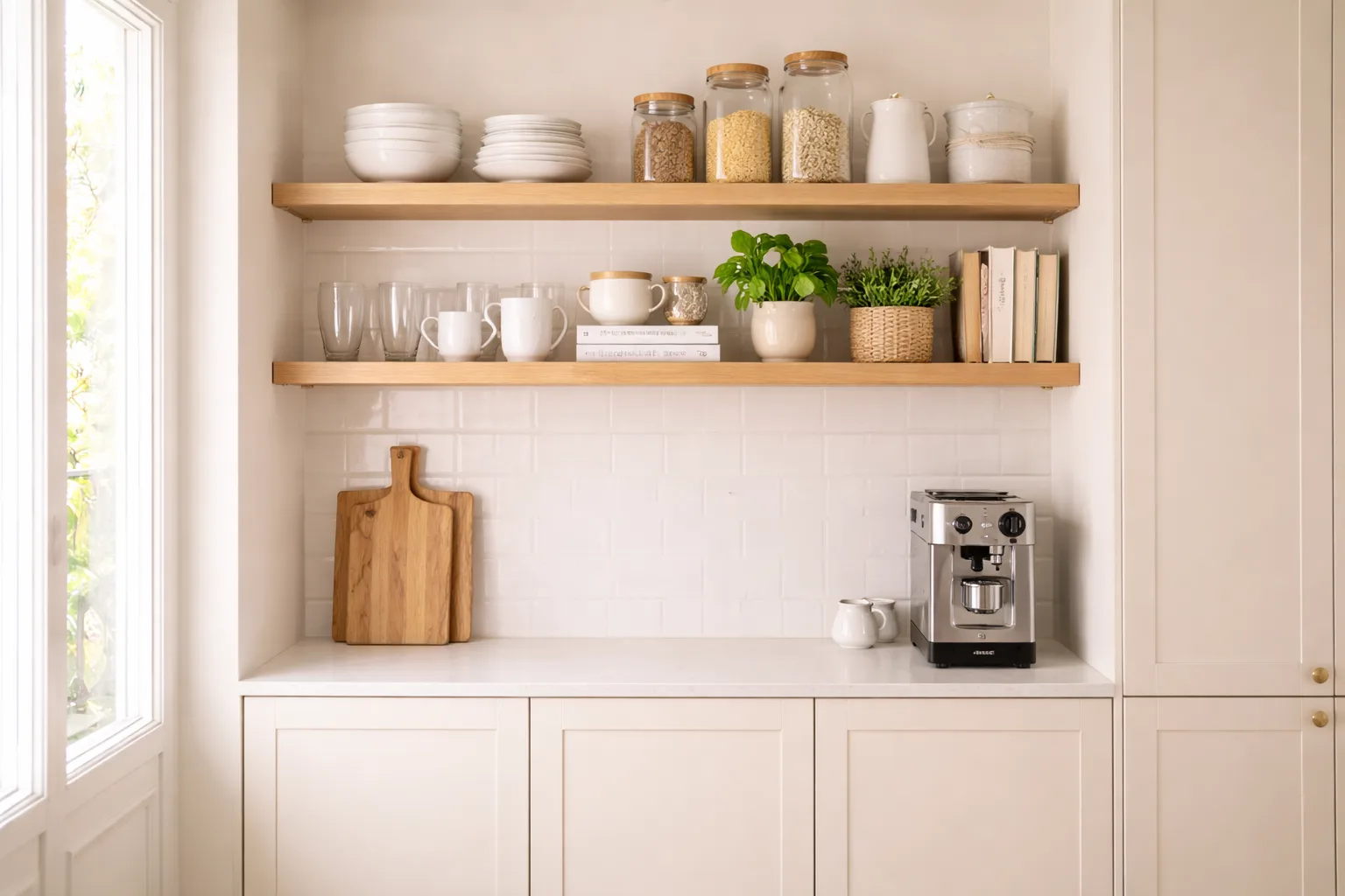 Petite cuisine optimisée rangements étagères ouvertes lumière