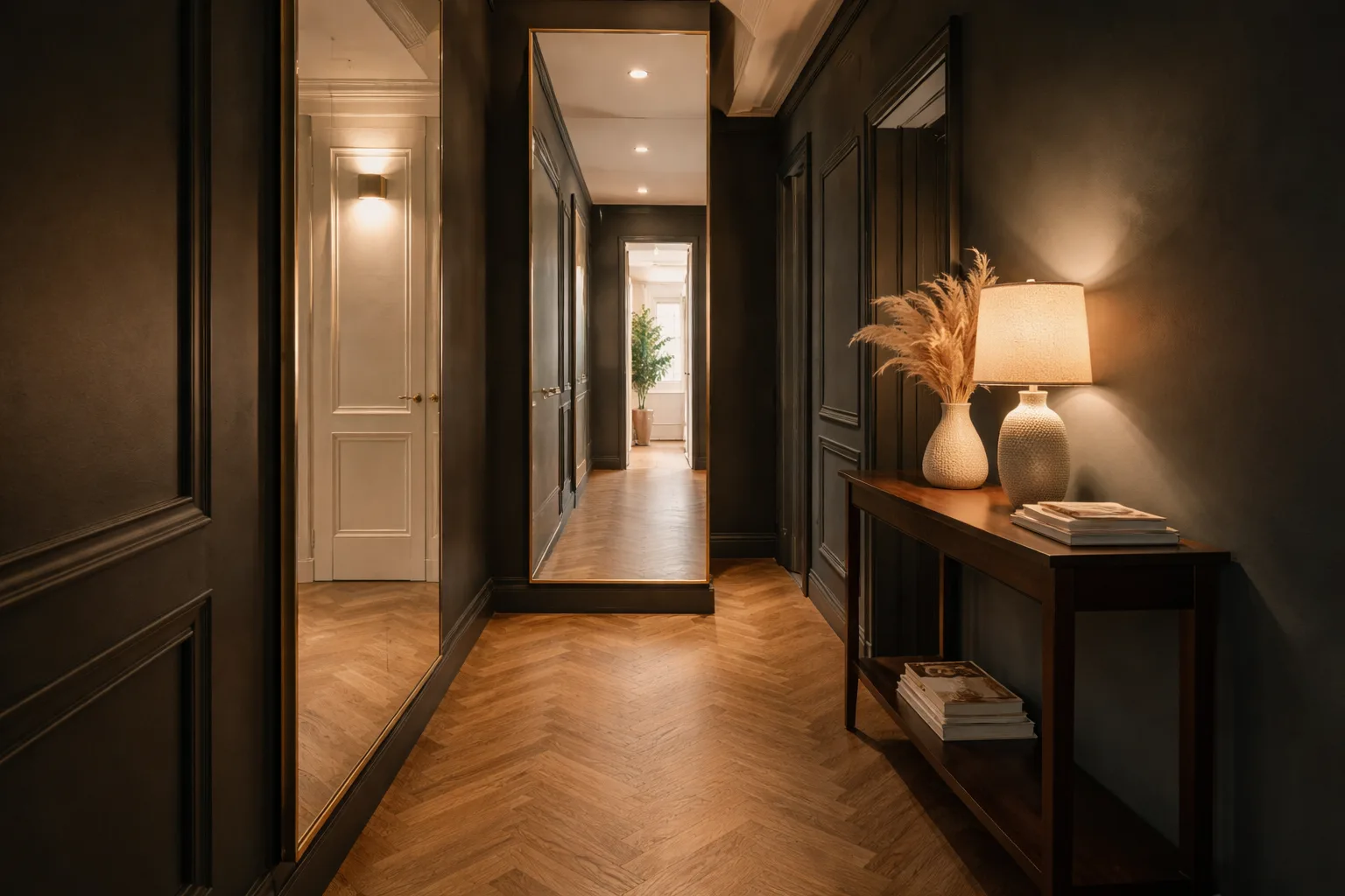 Entrée appartement miroir grand format lumière chaleureuse plante