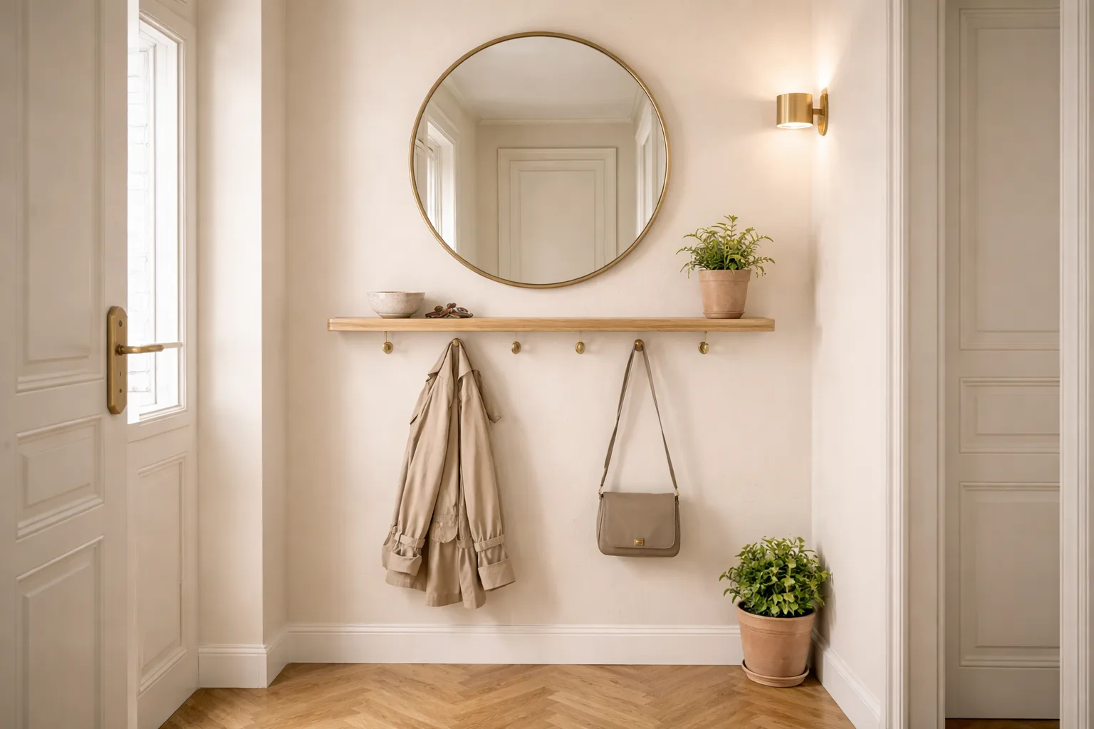 Entrée appartement rangements organisés meuble chaussures portemanteau