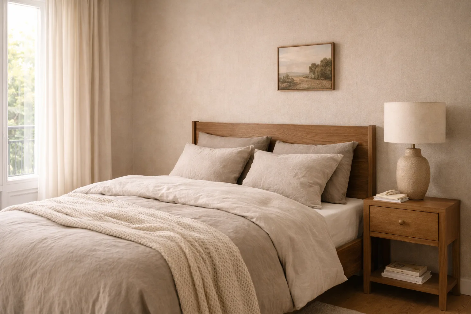 Chambre adulte neutres naturels beige taupe lin élégant