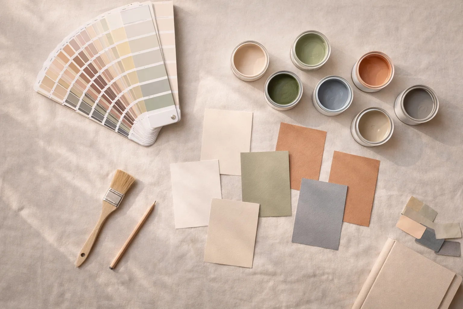 Nuanciers de peinture de différentes gammes de prix posés sur un parquet