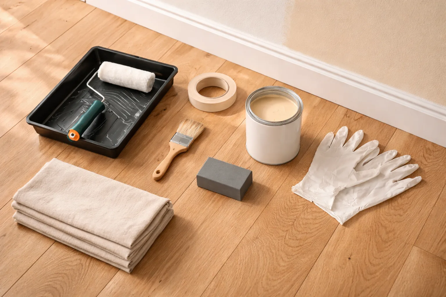 Matériel de peinture DIY disposé élégamment : rouleaux, bacs, rubans de masquage sur parquet