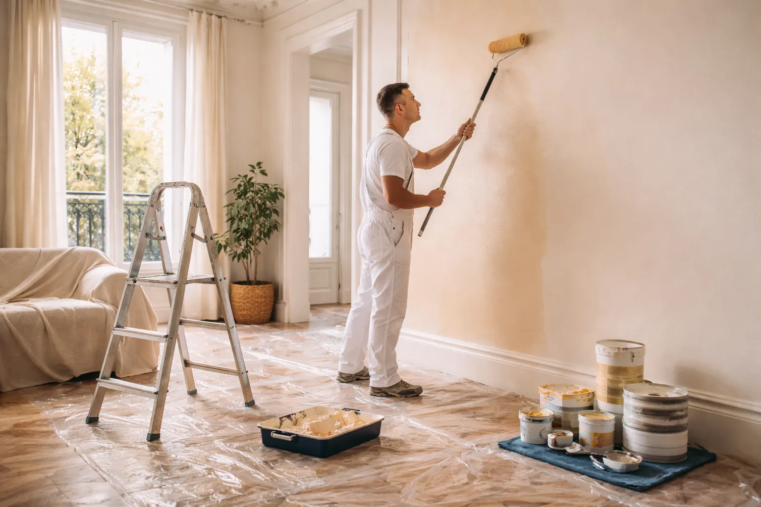 Peintre professionnel en train de préparer un mur avant peinture