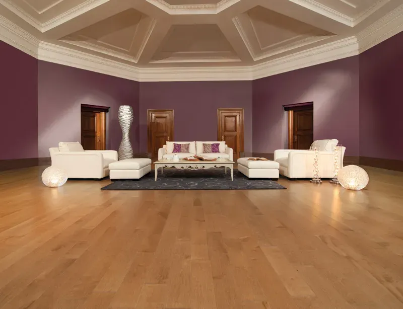 Salon résidentiel avec parquet vinyle aspect bois naturel clair