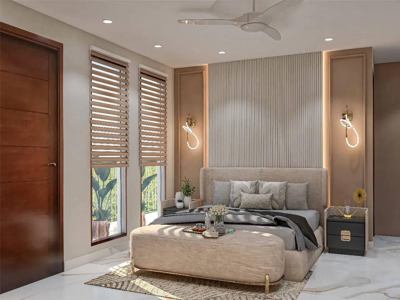 Chambre moderne aux tons neutres avec éclairage en couches, tendance warm minimalism